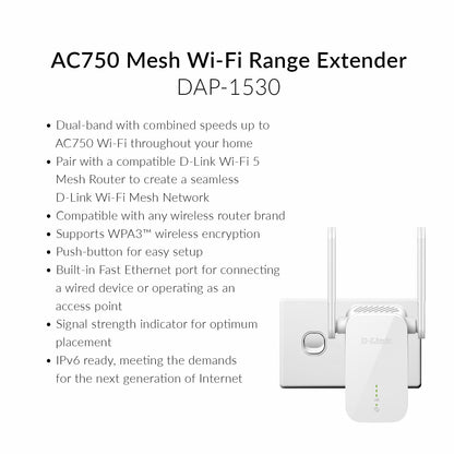 D-Link Australia AC750 Mesh Wi-Fi Range Extender (DAP-1530-AU), Access Point, Repeater, Fast Ethernet Port, WPA3, AU Plug, White