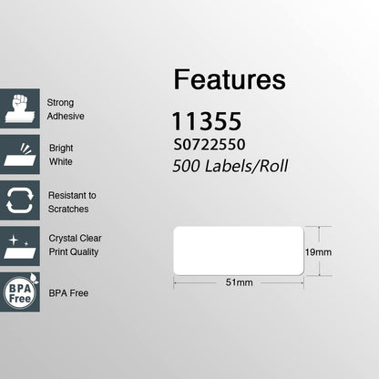 10x Compatible Dymo 11355 SD11355 / S0722550 thermal label 19mm x 51mm 500 Per Roll for Dymo labelWriter